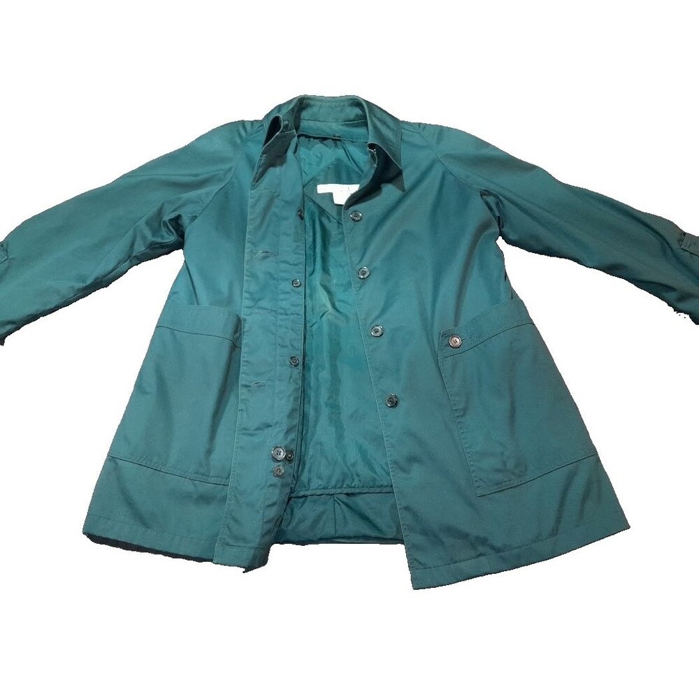 Vintage Brem Rainwear Emerald Green Trench Coat Hooded Rain Jacket Women's 12P